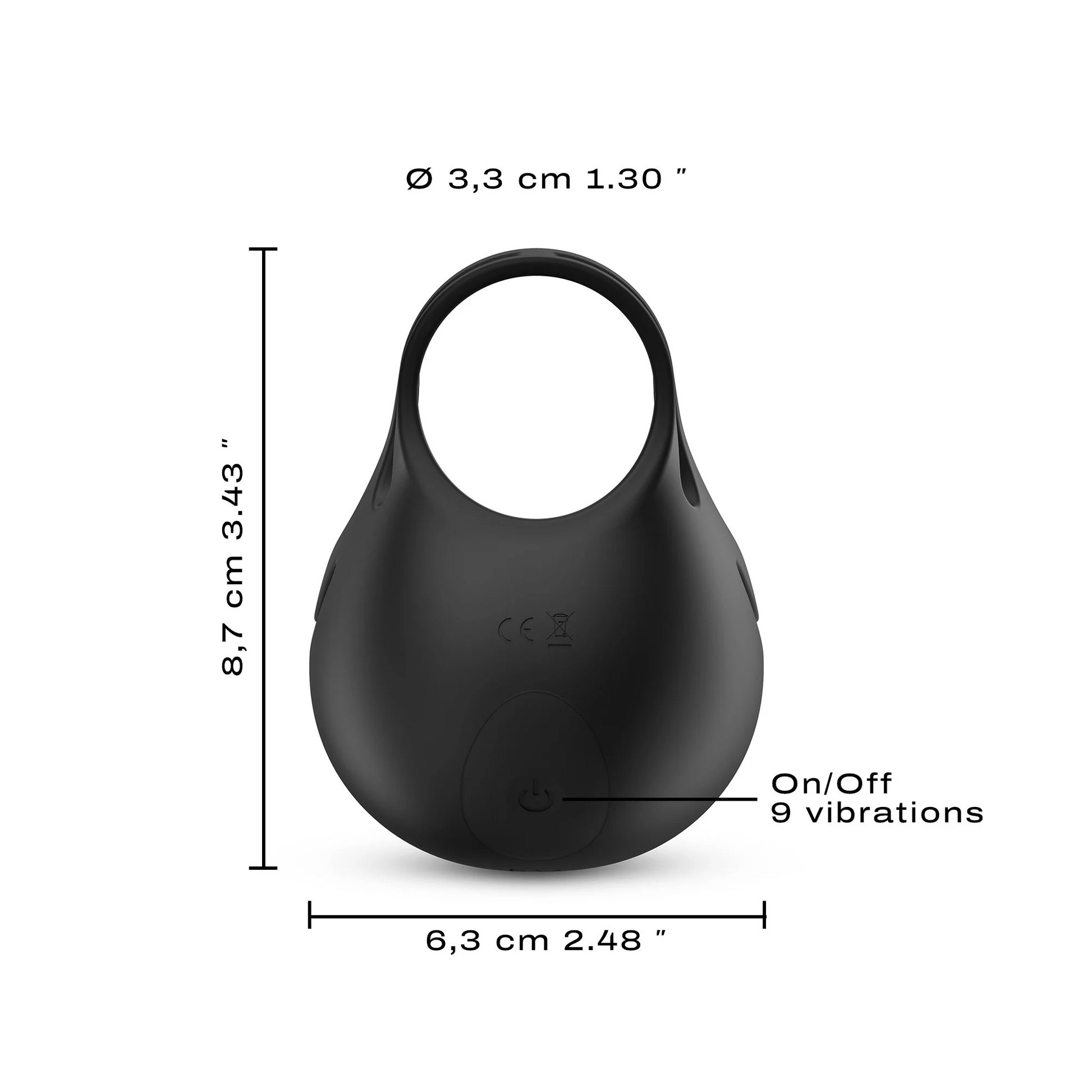 Black vibrating penis and testicle stimulator with dimensions.