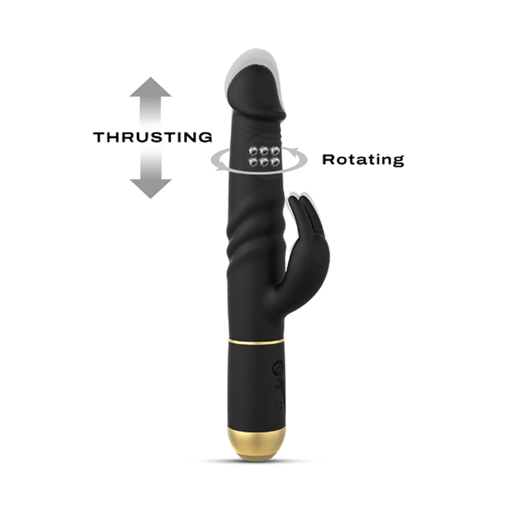 Black silicone vibrator with a rabbit ear attachment, featuring thrusting and rotating functions.