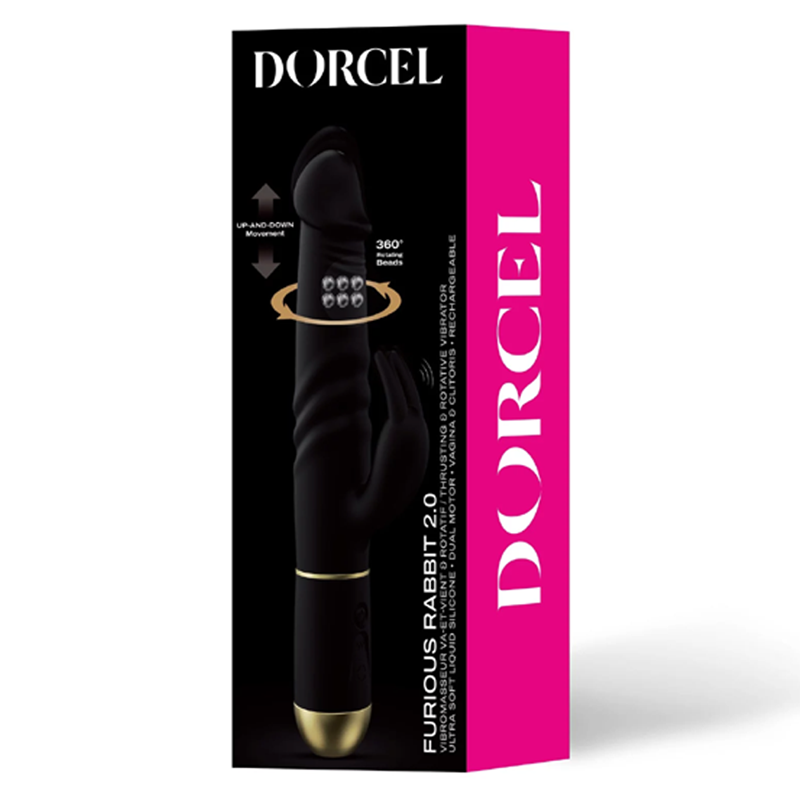 Dorcel Furious Rabbit 2.0 black silicone vibrator with gold accents.