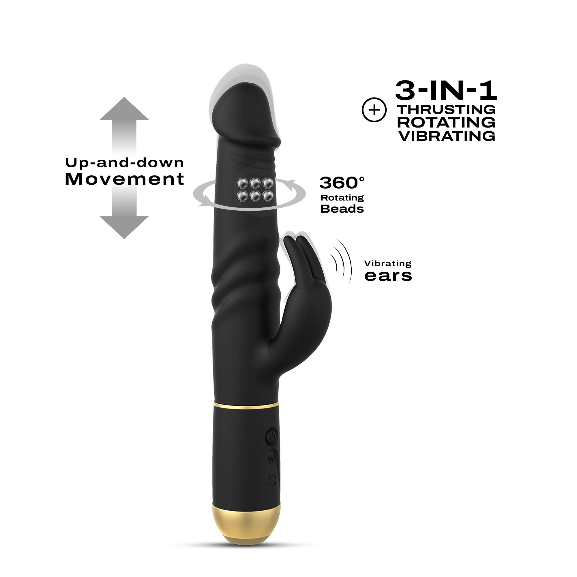 Black silicone vibrator with thrusting, rotating beads, and vibrating ears.