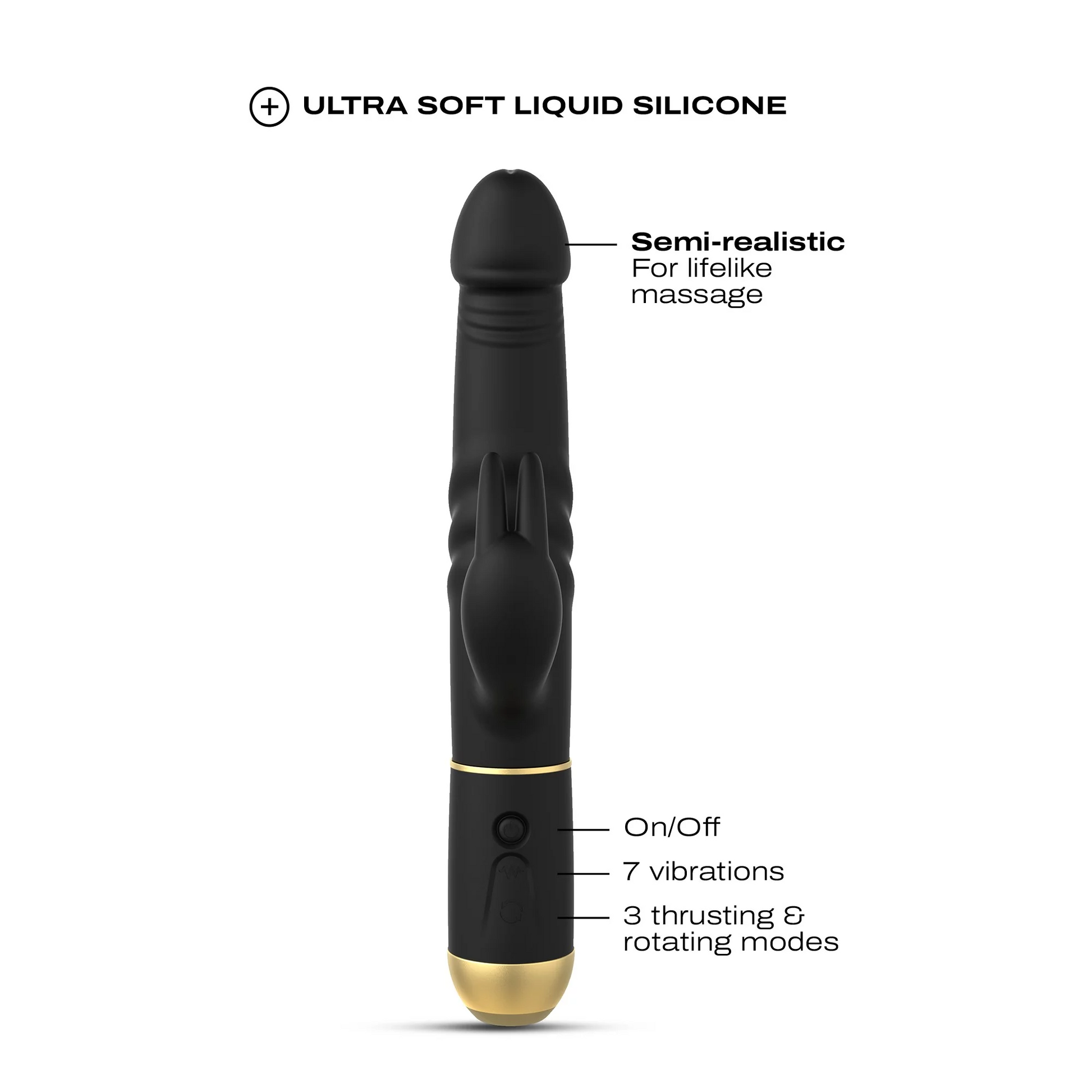 Black silicone vibrator with rabbit ears, gold accents, and control buttons.