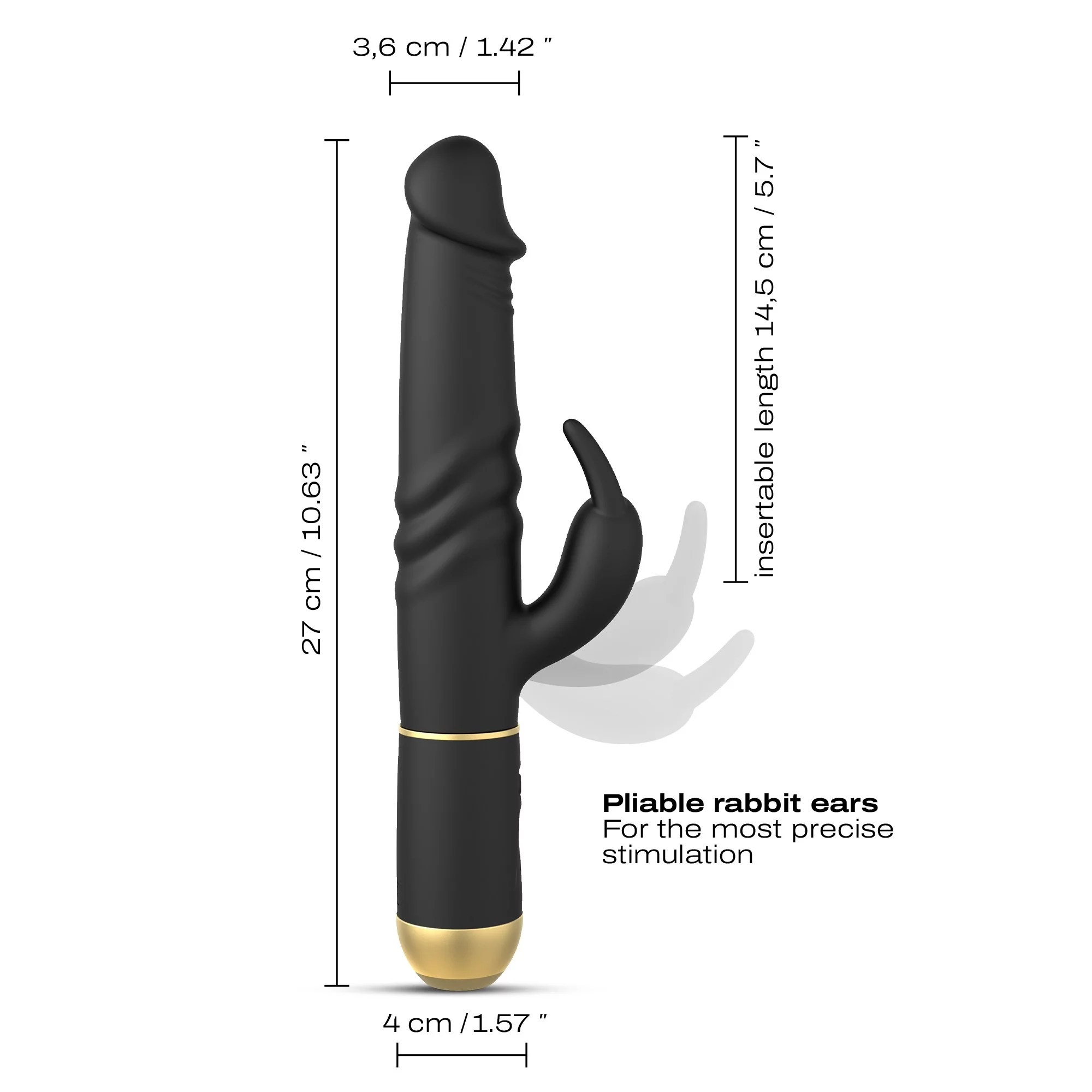 Black silicone thrusting rabbit vibrator with flexible ears, 27 cm long and 4 cm diameter.