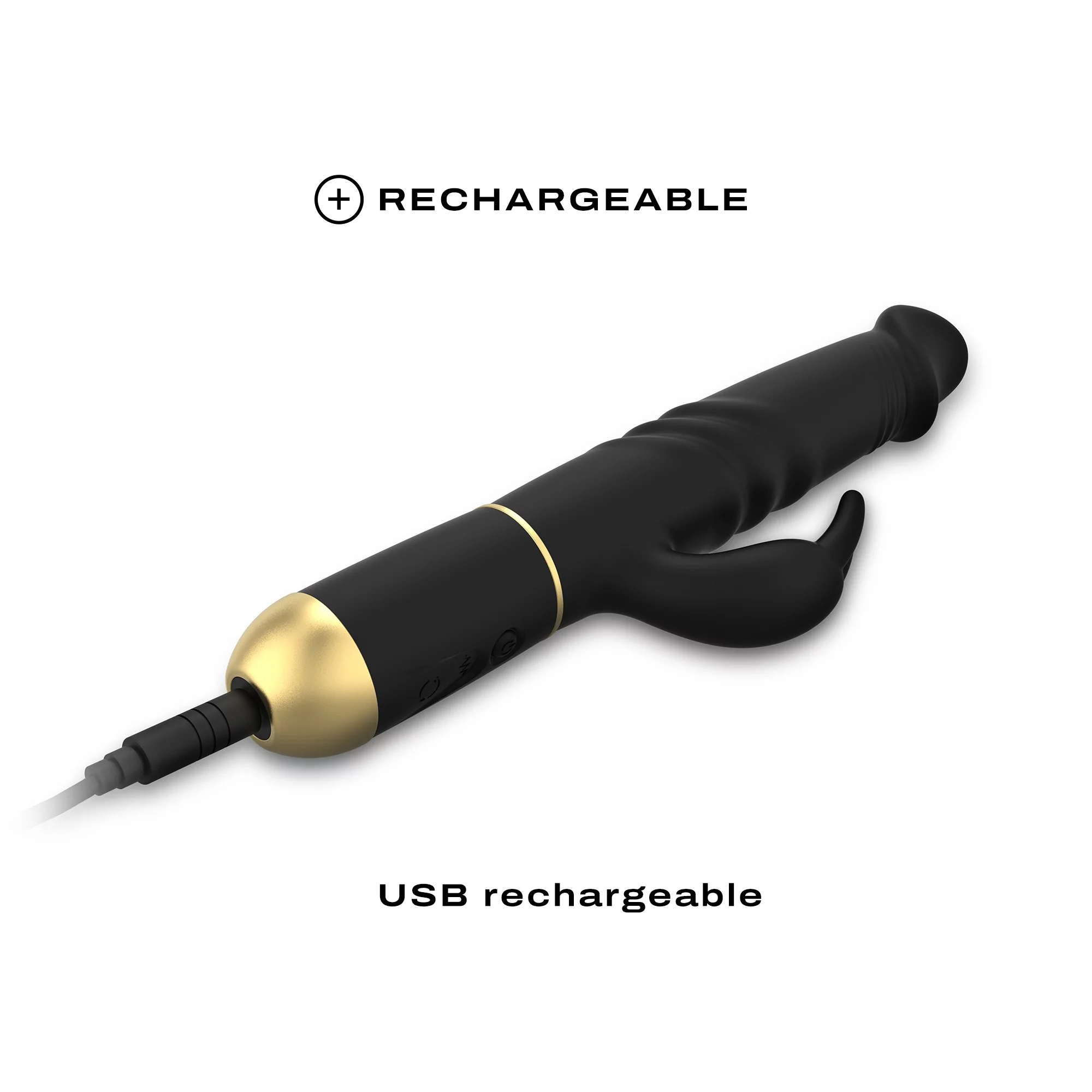 Black and gold USB rechargeable vibrator with a rabbit ear design.