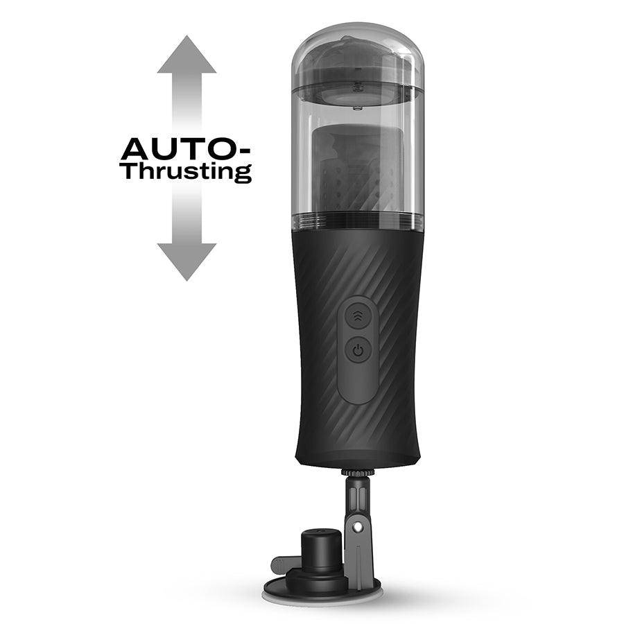 Automatic thrusting masturbator with suction cup and textured sleeve.