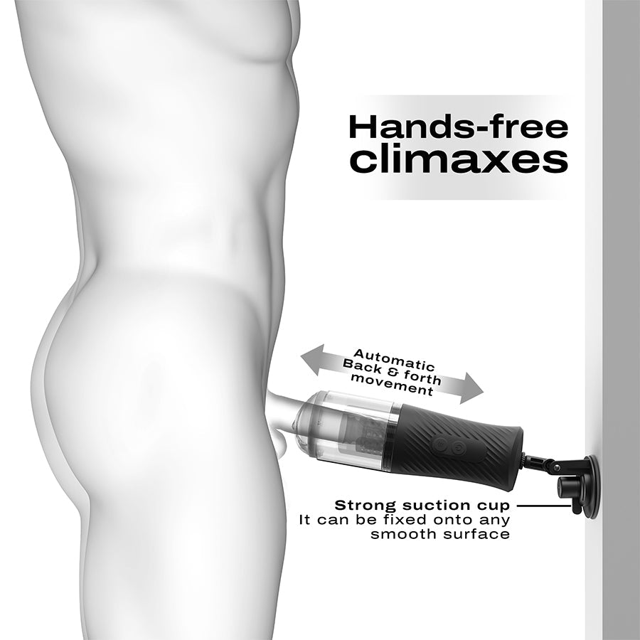 Automatic masturbator with suction cup and back and forth movement.
