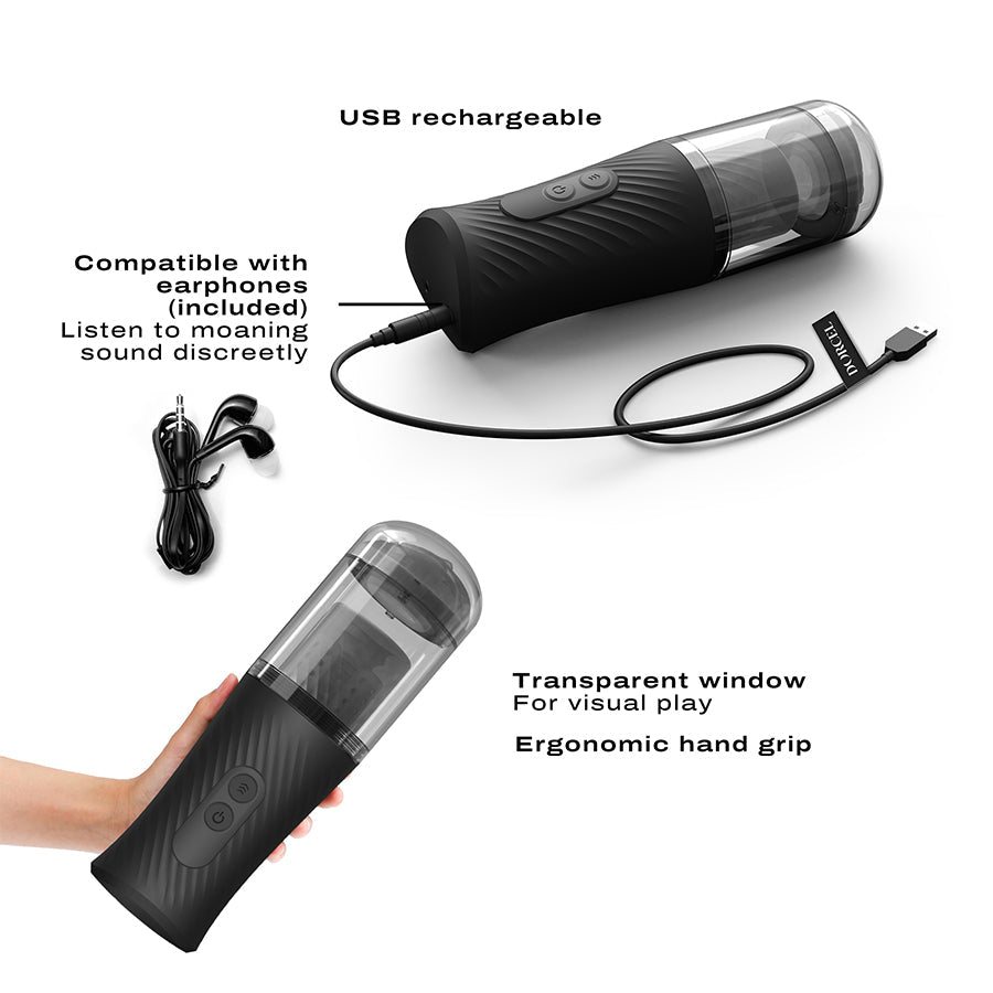 Black automatic thrusting masturbator with USB charging and earphones.