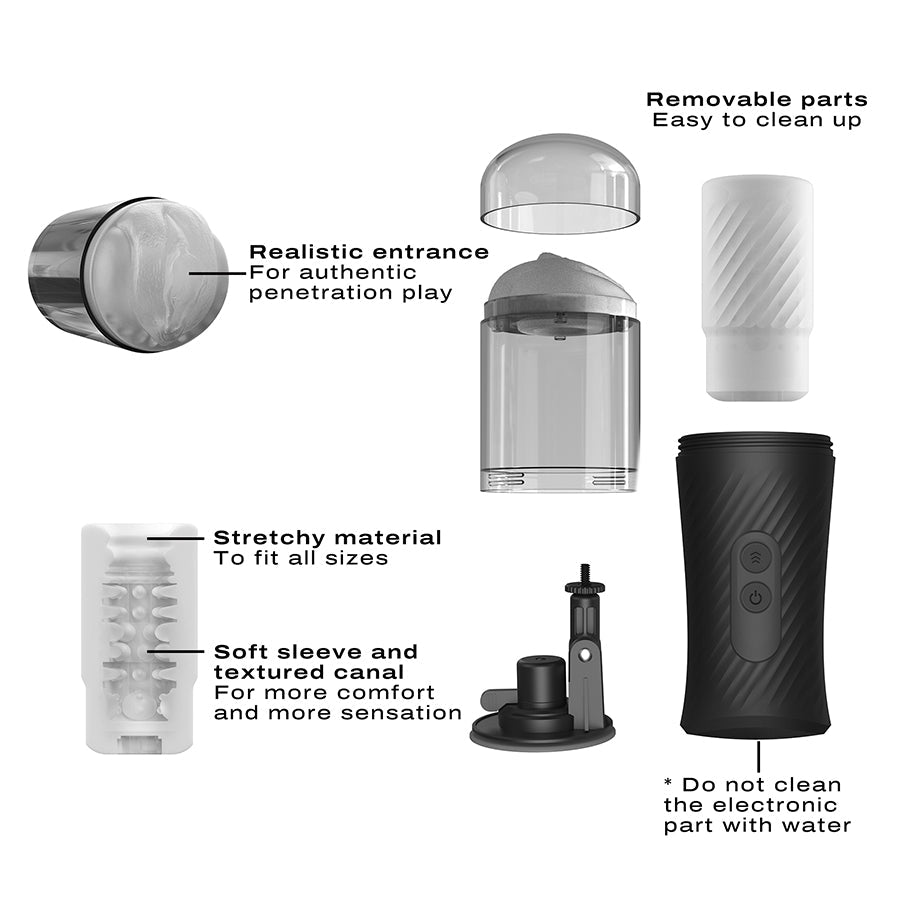 Automatic masturbator with realistic entrance, textured sleeve, and suction cup.
