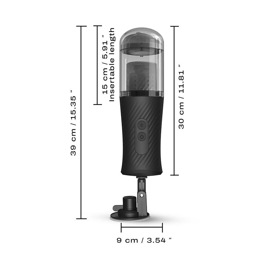 Automatic thrusting masturbator with suction cup and textured sleeve.