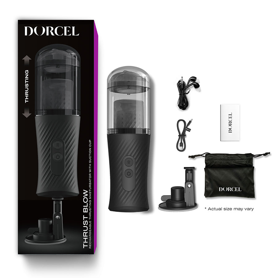 Dorcel automatic thrusting masturbator with suction cup and accessories.