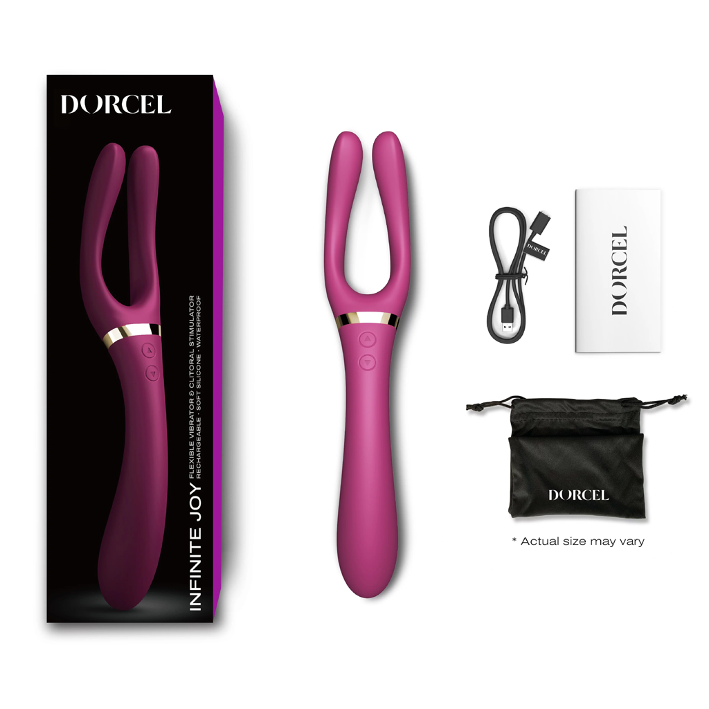 A pink Dorcel Infinite Joy vibrator with charging cable, manual, and storage bag.