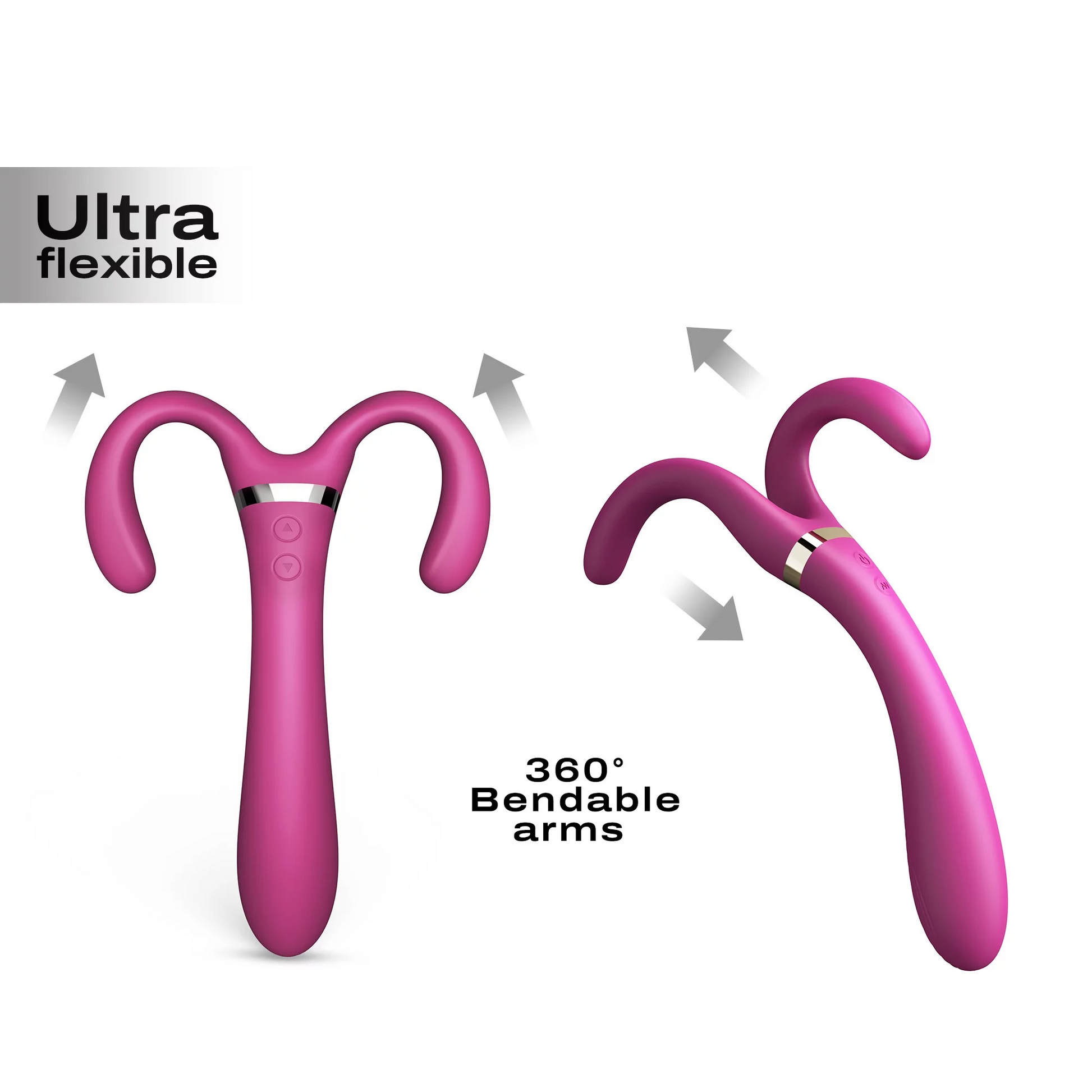 Pink flexible vibrator with three bendable arms and two control buttons.