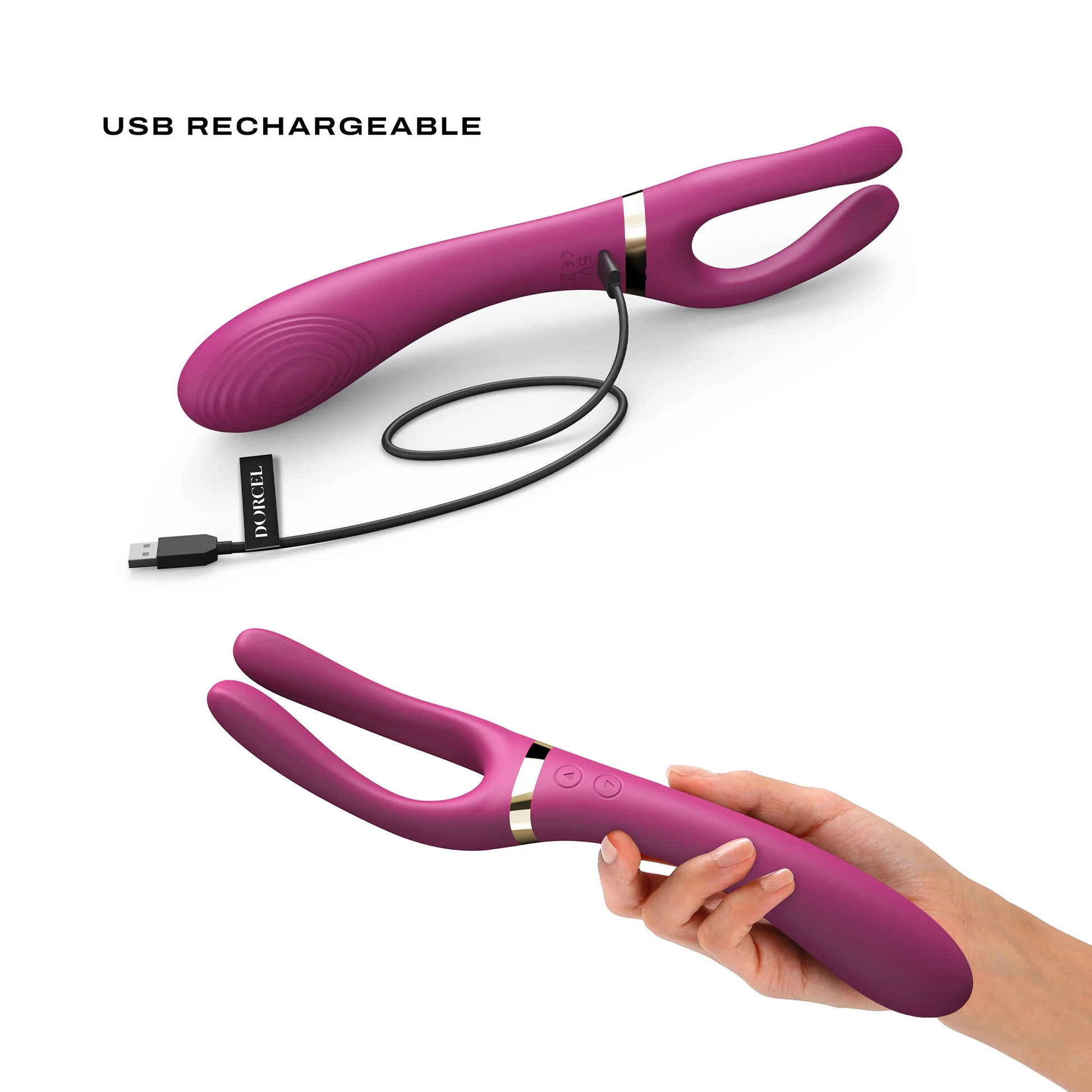 A pink Dorcel vibrator with a USB charging cable and a hand holding it.