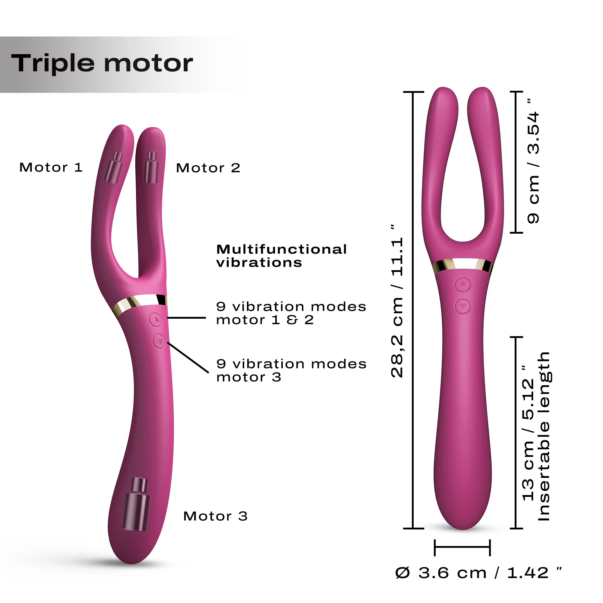 A pink triple motor vibrator with dimensions and motor labels.
