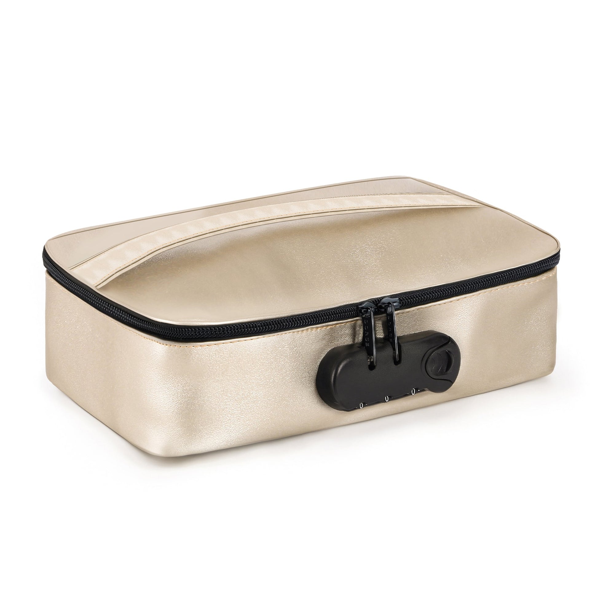 Gold discreet storage box with a combination lock.