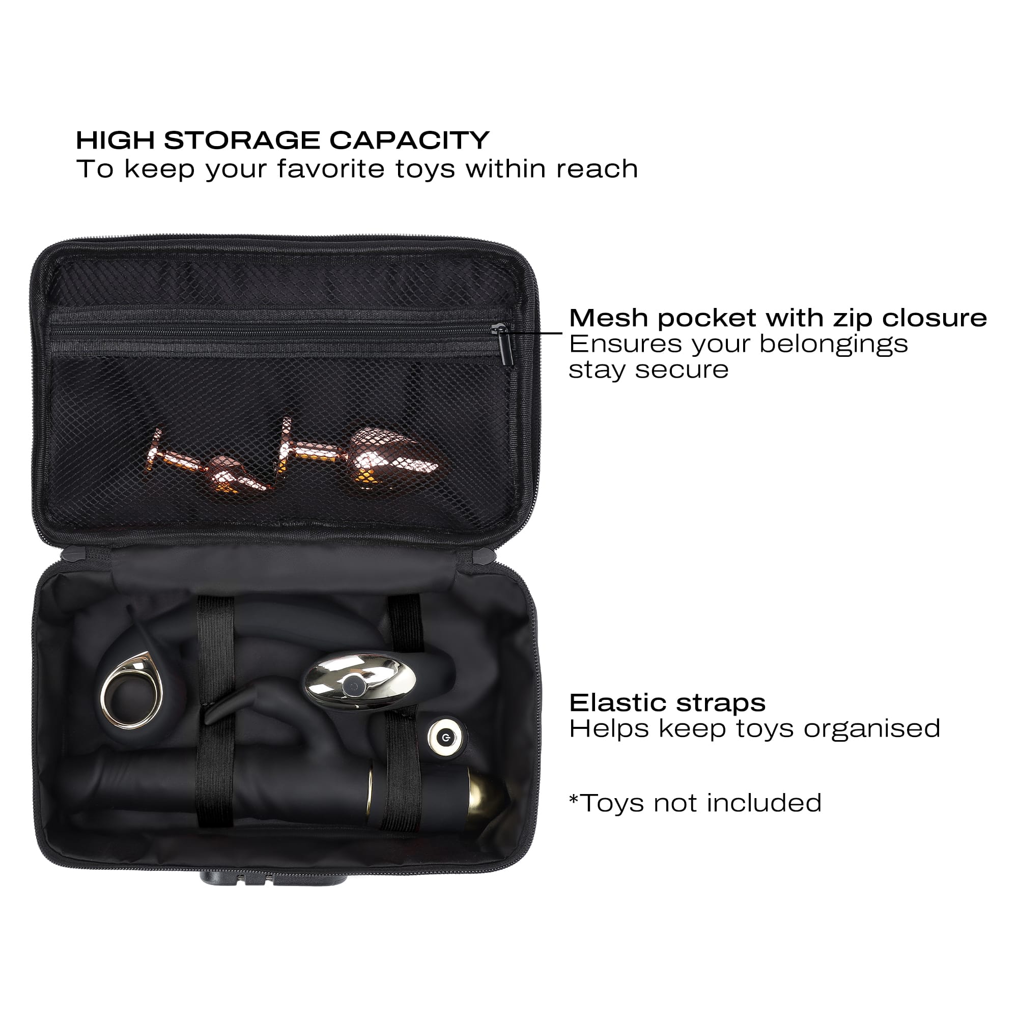 Black storage box with mesh pocket and elastic straps, featuring a combination lock.