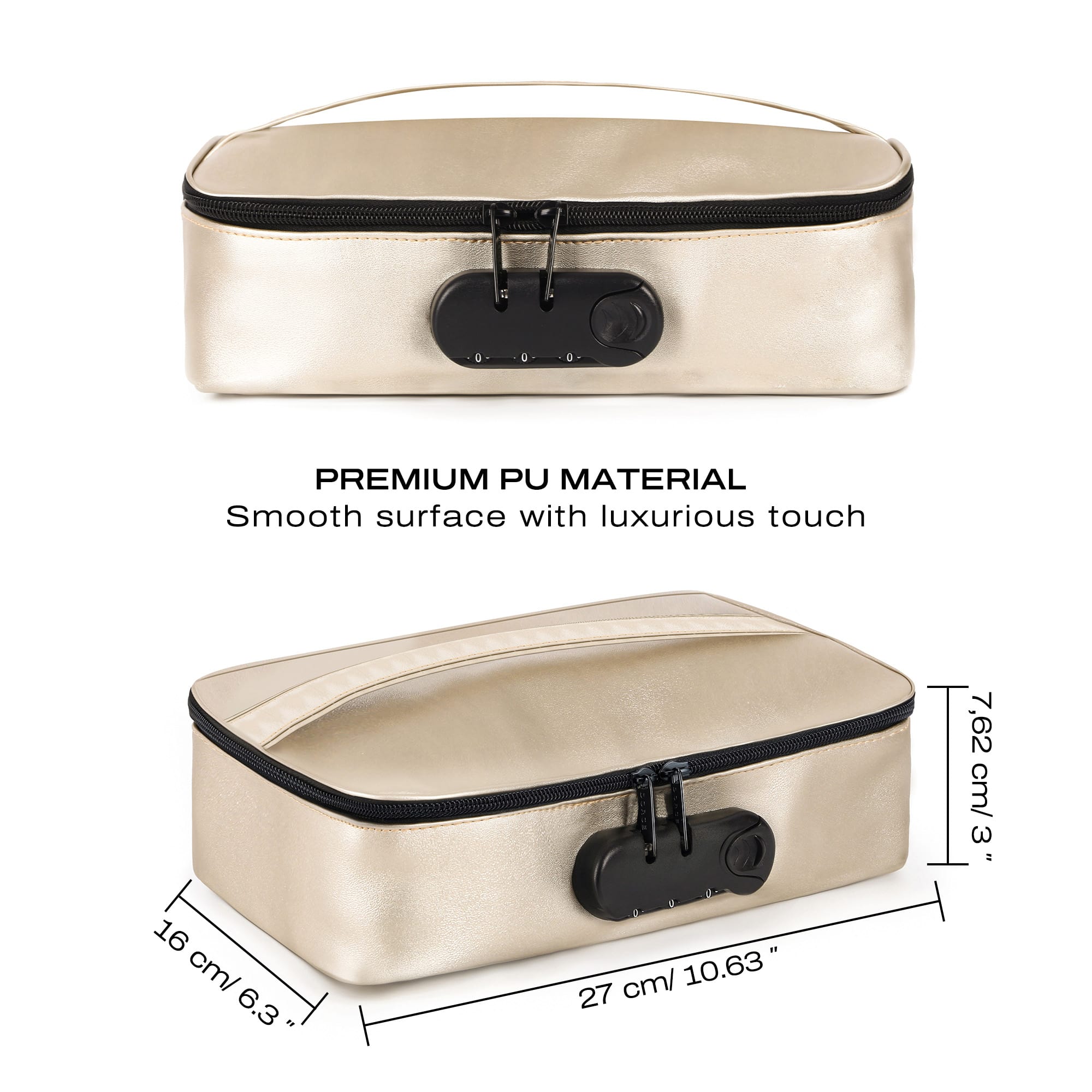 Gold discreet storage box with combination lock and handle.