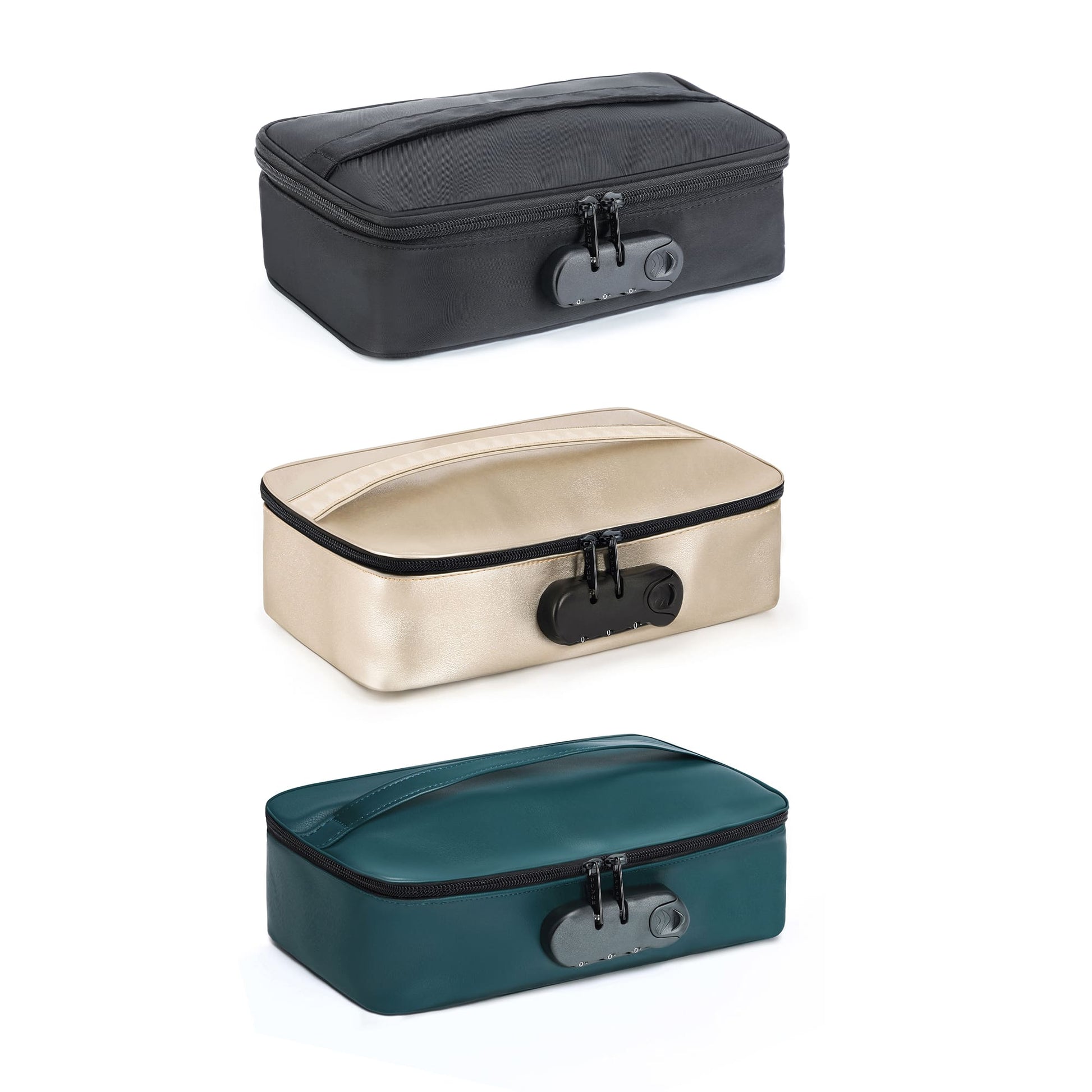 Three storage boxes with combination locks in black, gold, and teal.