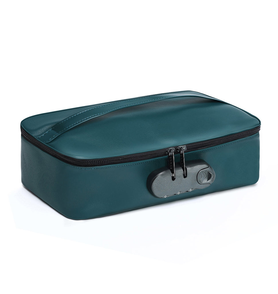 Green discreet toy storage box with a combination lock.