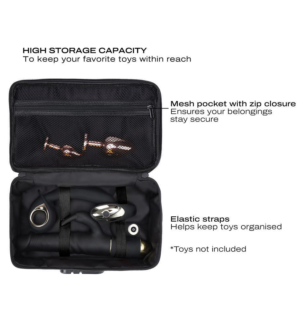 Green discreet toy storage box with mesh pocket and elastic straps.