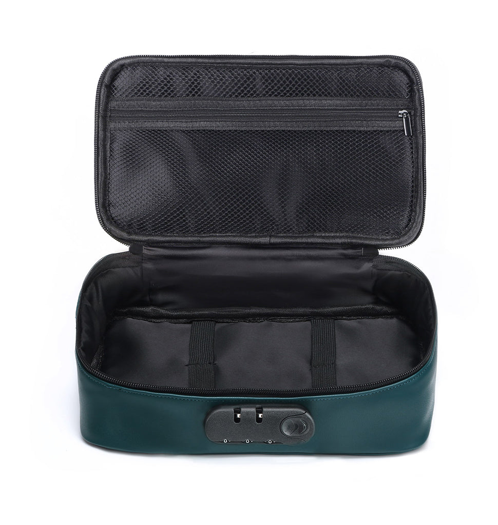 Green discreet toy storage box with a combination lock and mesh interior pocket.