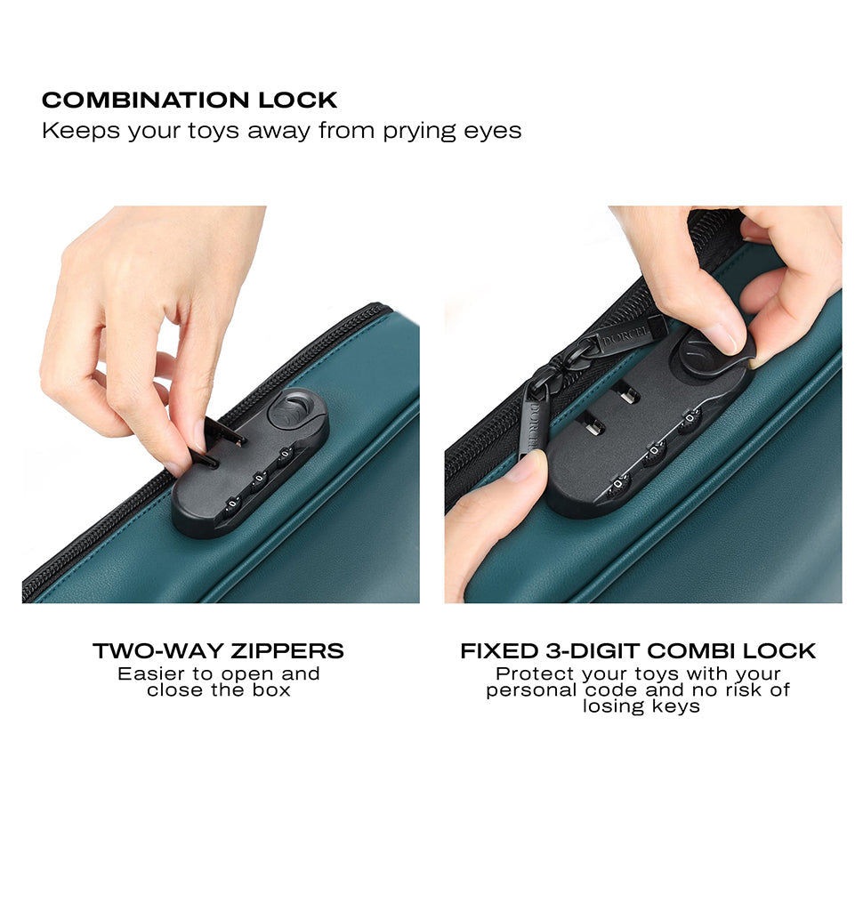 Green toy storage box with a combination lock and two-way zippers.