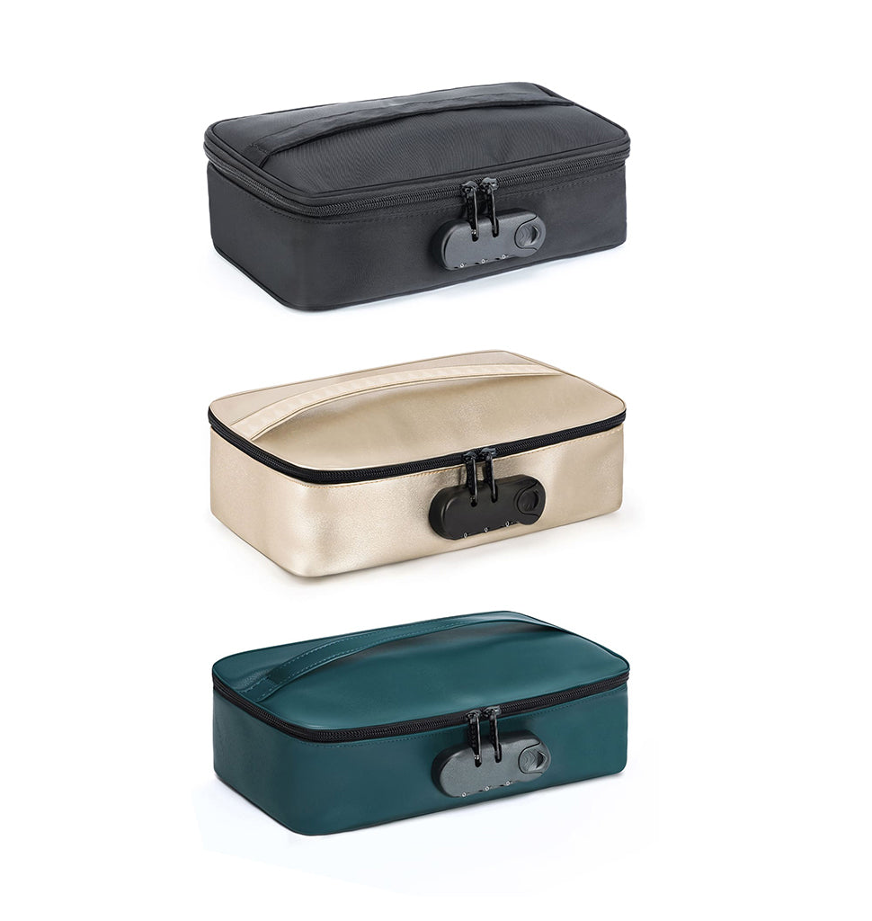 Green discreet toy storage box with combination lock.