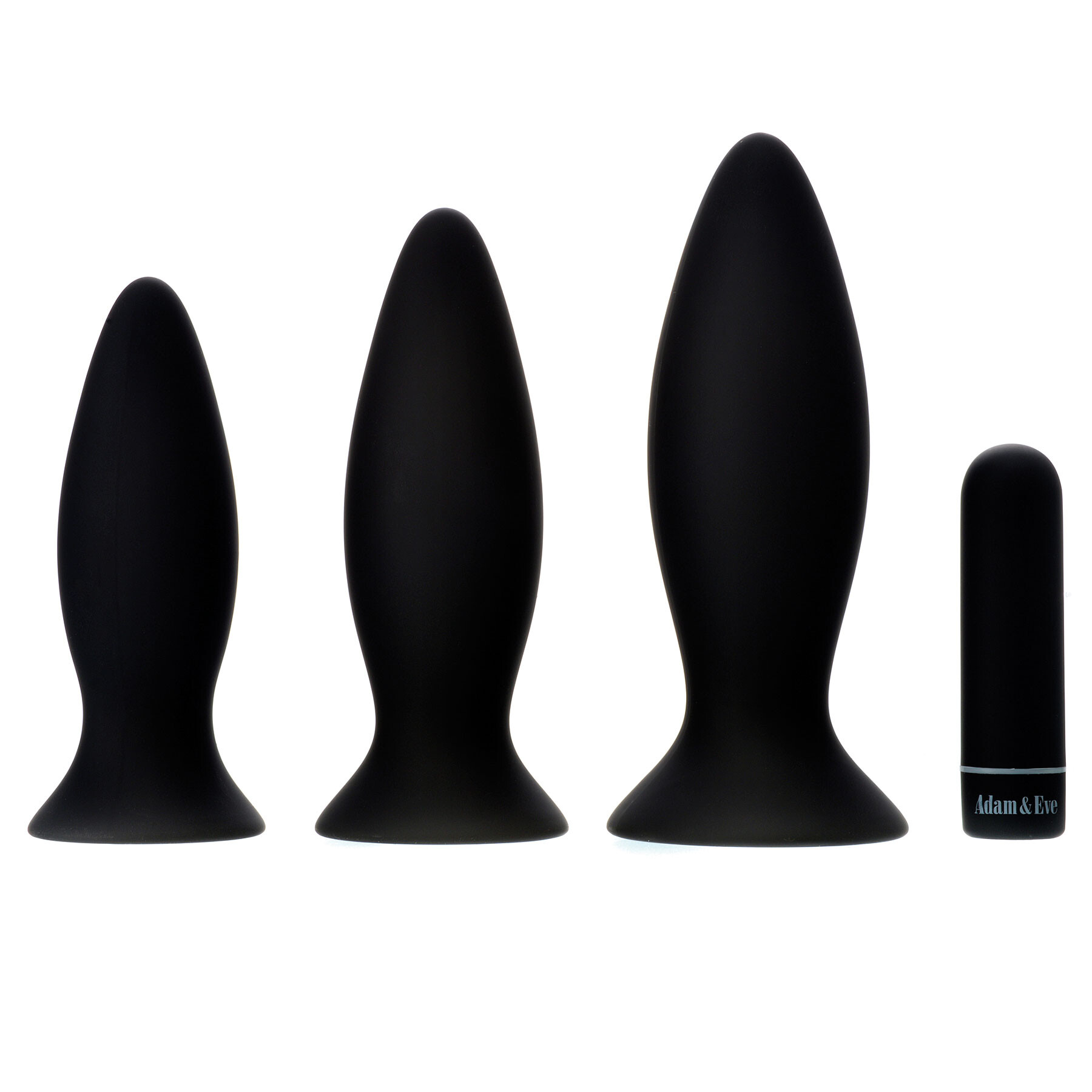 Three black silicone anal plugs of varying sizes and a vibrating bullet.