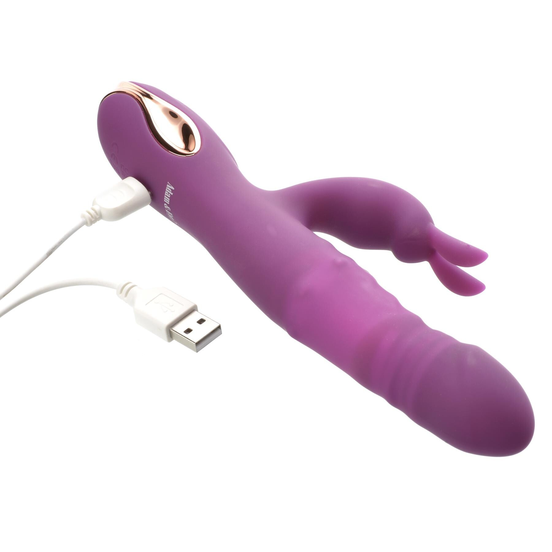 Purple rabbit vibrator with USB charging cable.