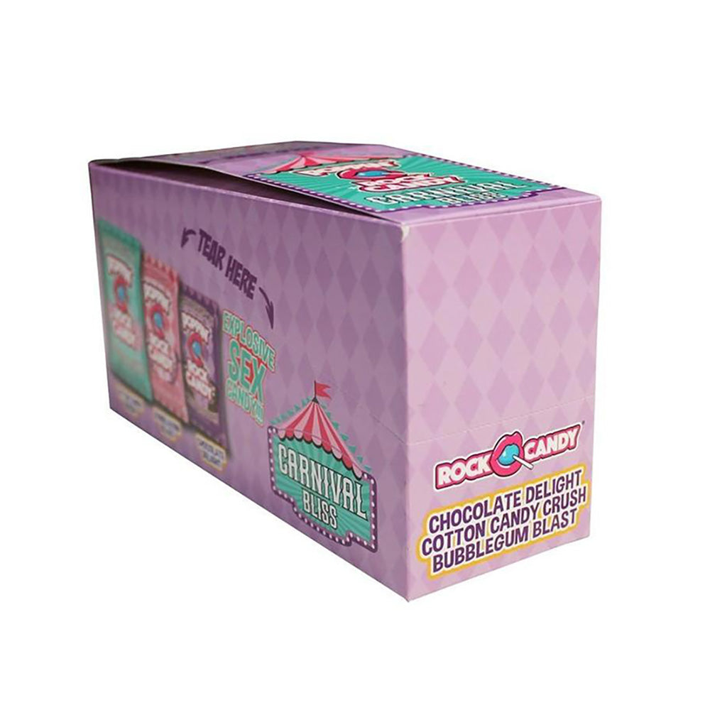A display box of Rock Candy oral sex crystals in various flavors.