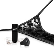 Black lace thong with a remote-controlled vibrating bullet and USB charging cable.
