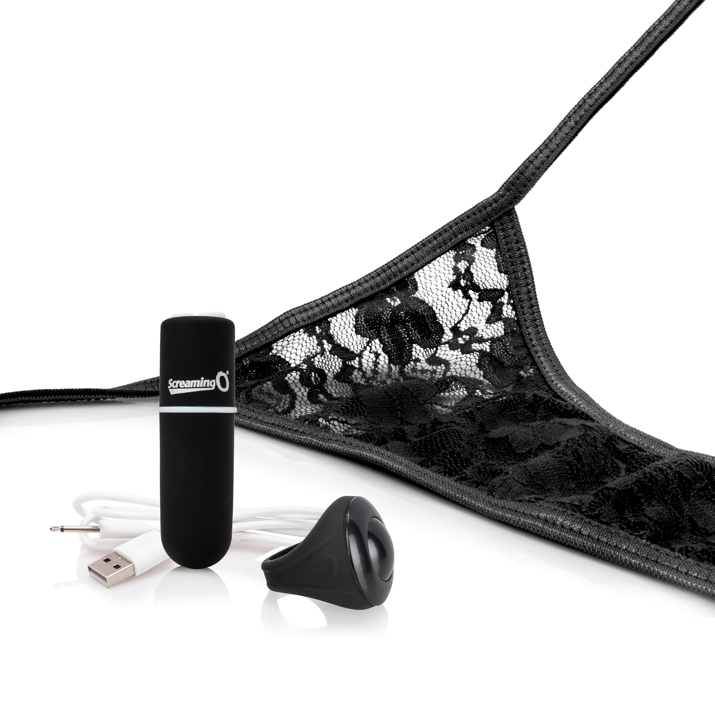 Black lace thong with a remote-controlled vibrating bullet and USB charging cable.