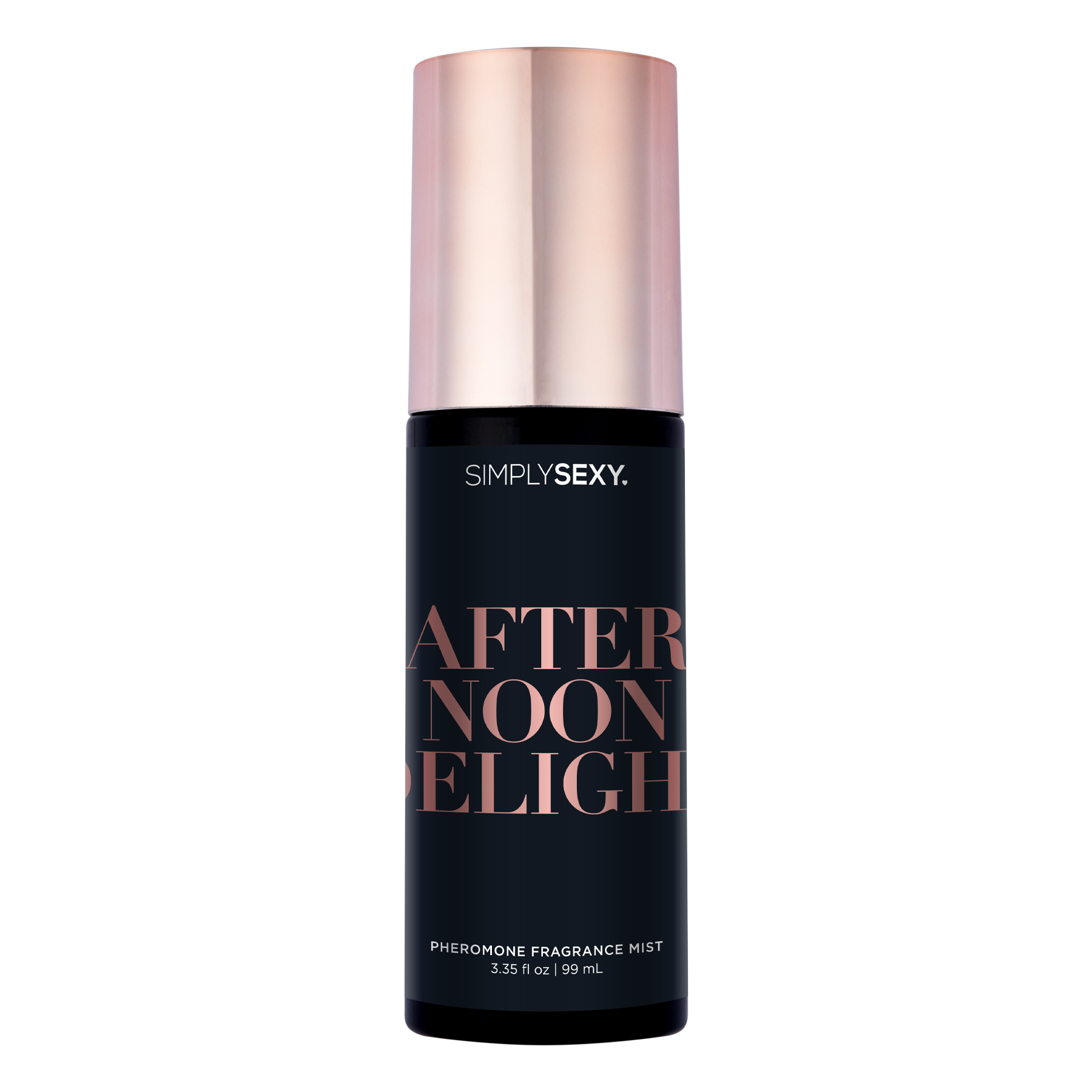 Simply Sexy Afternoon Delight Pheromone Body Mist with rose gold cap.