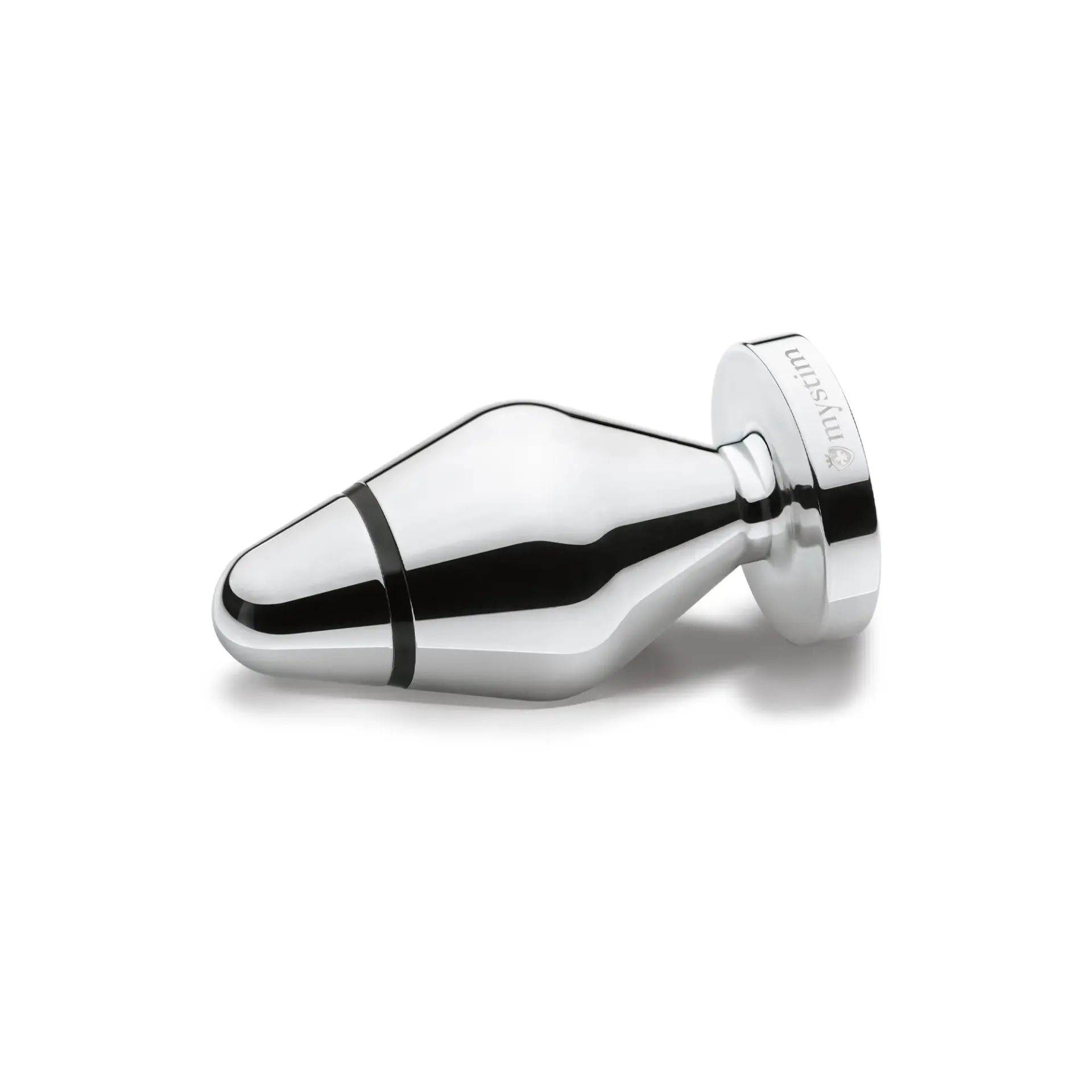 A polished metallic anal plug with a flared base and a black band.