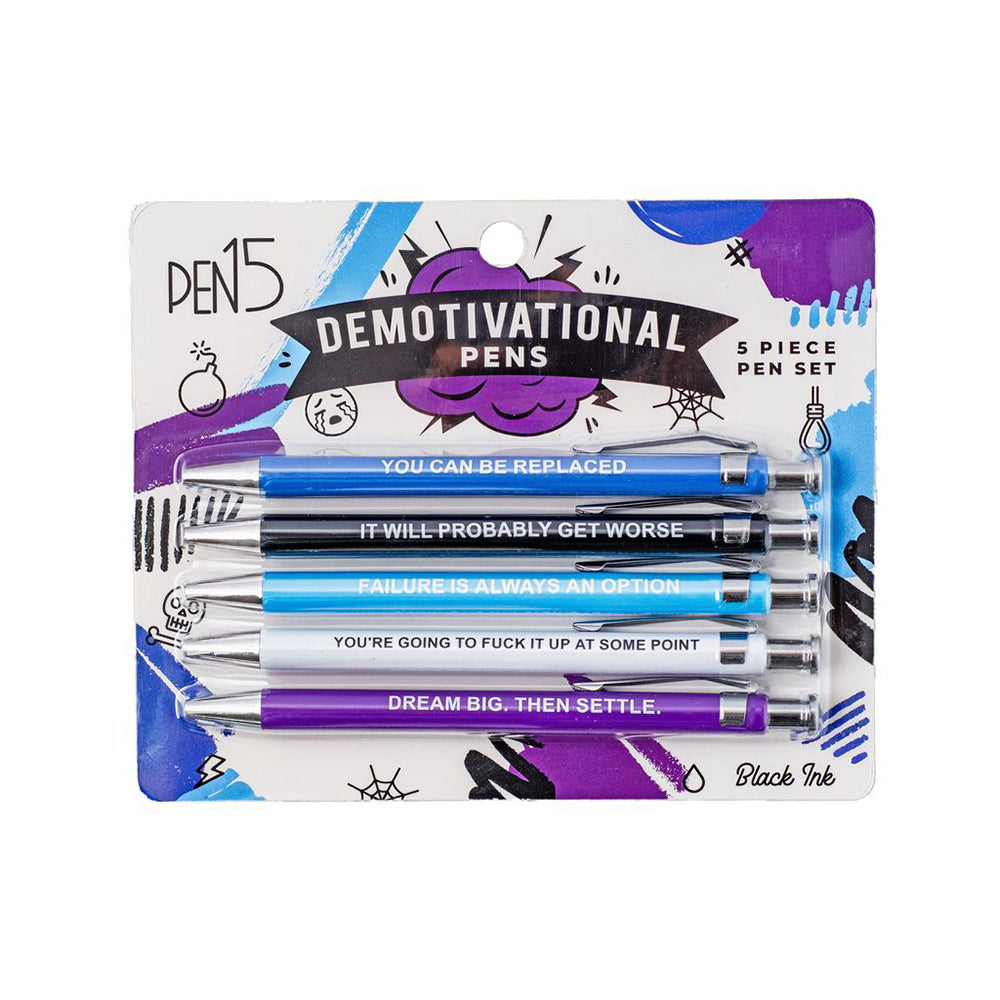 A 5-pack of demotivational pens with funny quotes.