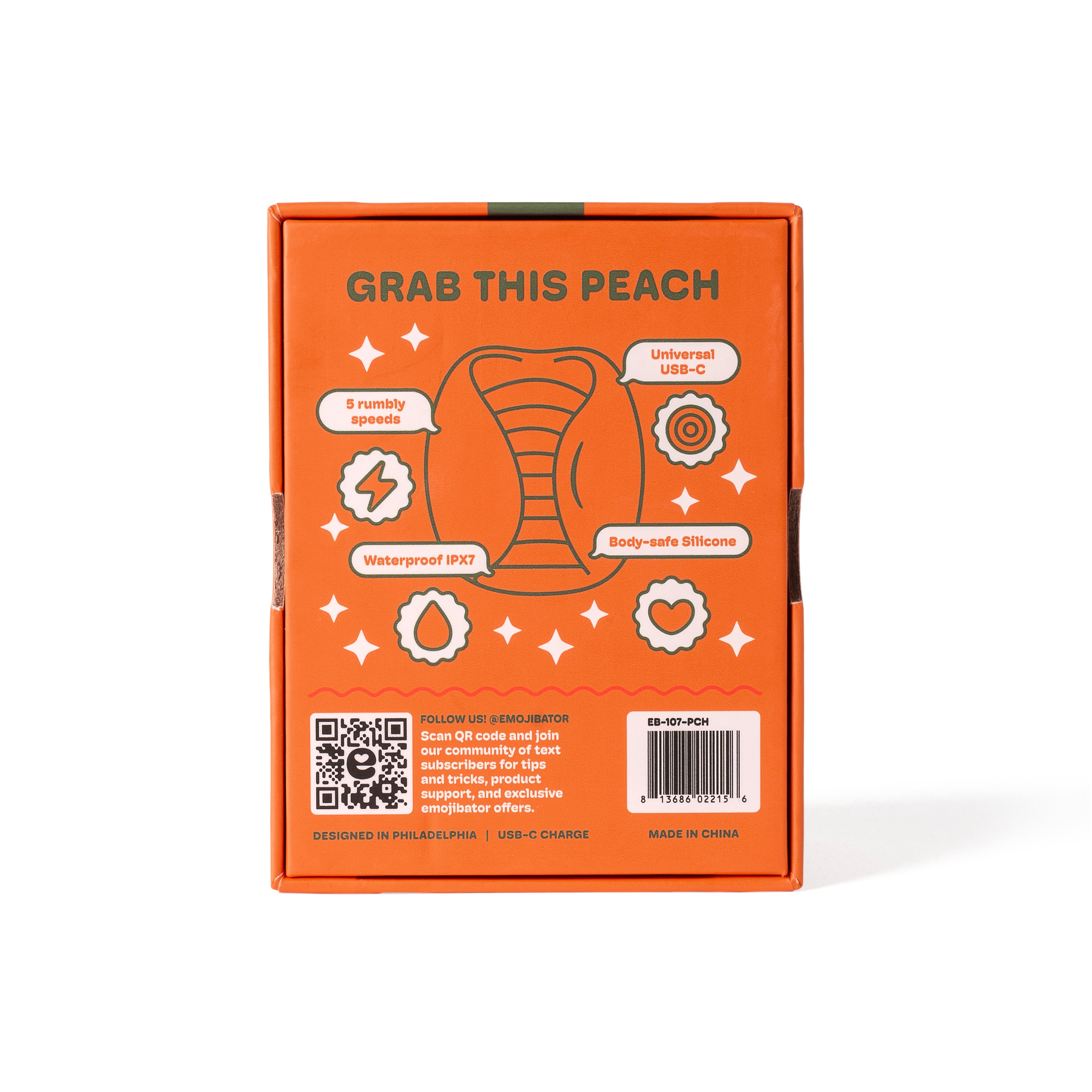 Orange box with peach illustration, features, and text.