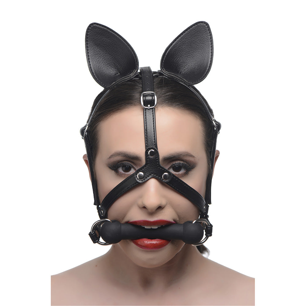 Black vegan leather pony head harness with silicone bit gag.