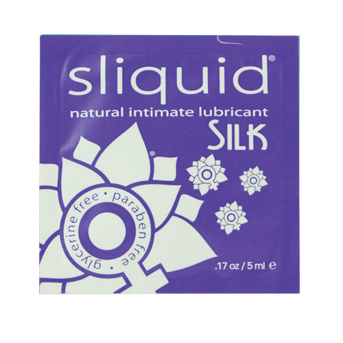 Sliquid Silk natural intimate lubricant pillow pack with flower design.