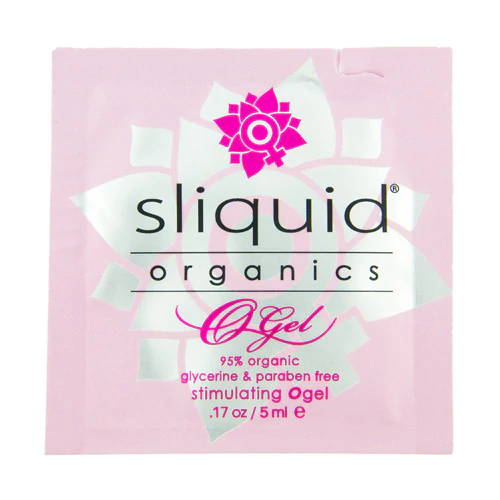 Sliquid Organics O Gel sample packet with pink floral design.