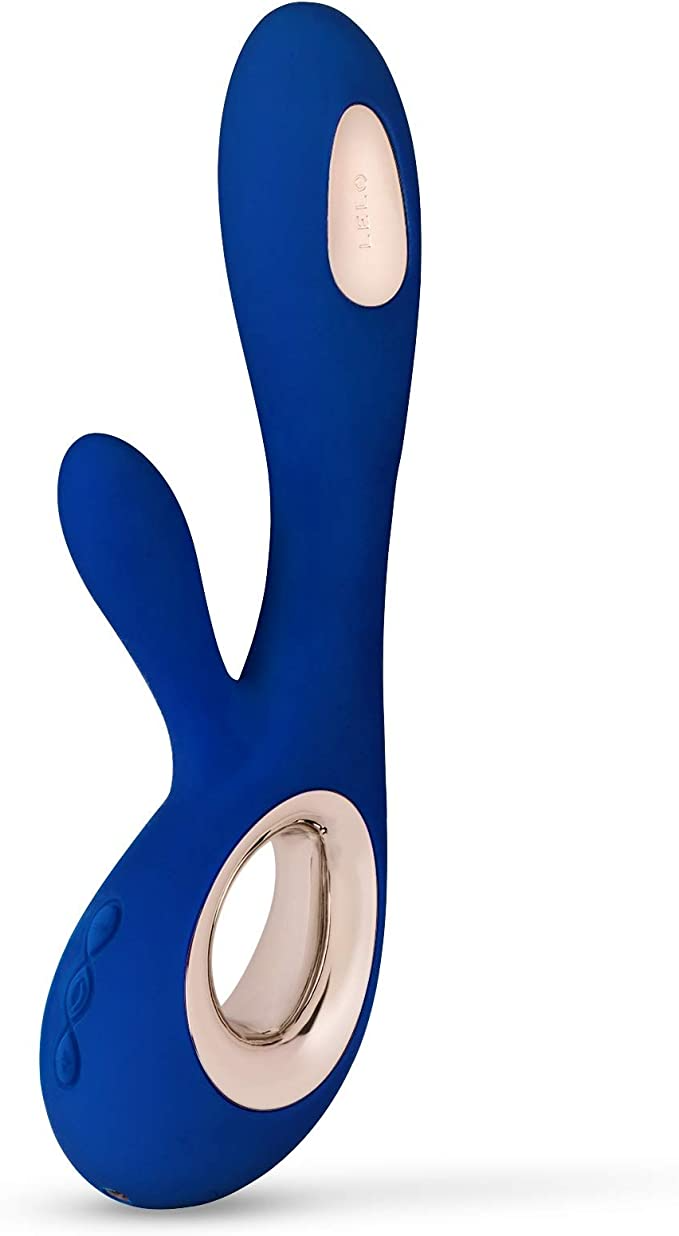 A blue silicone massager with a rose gold accent and a curved design.