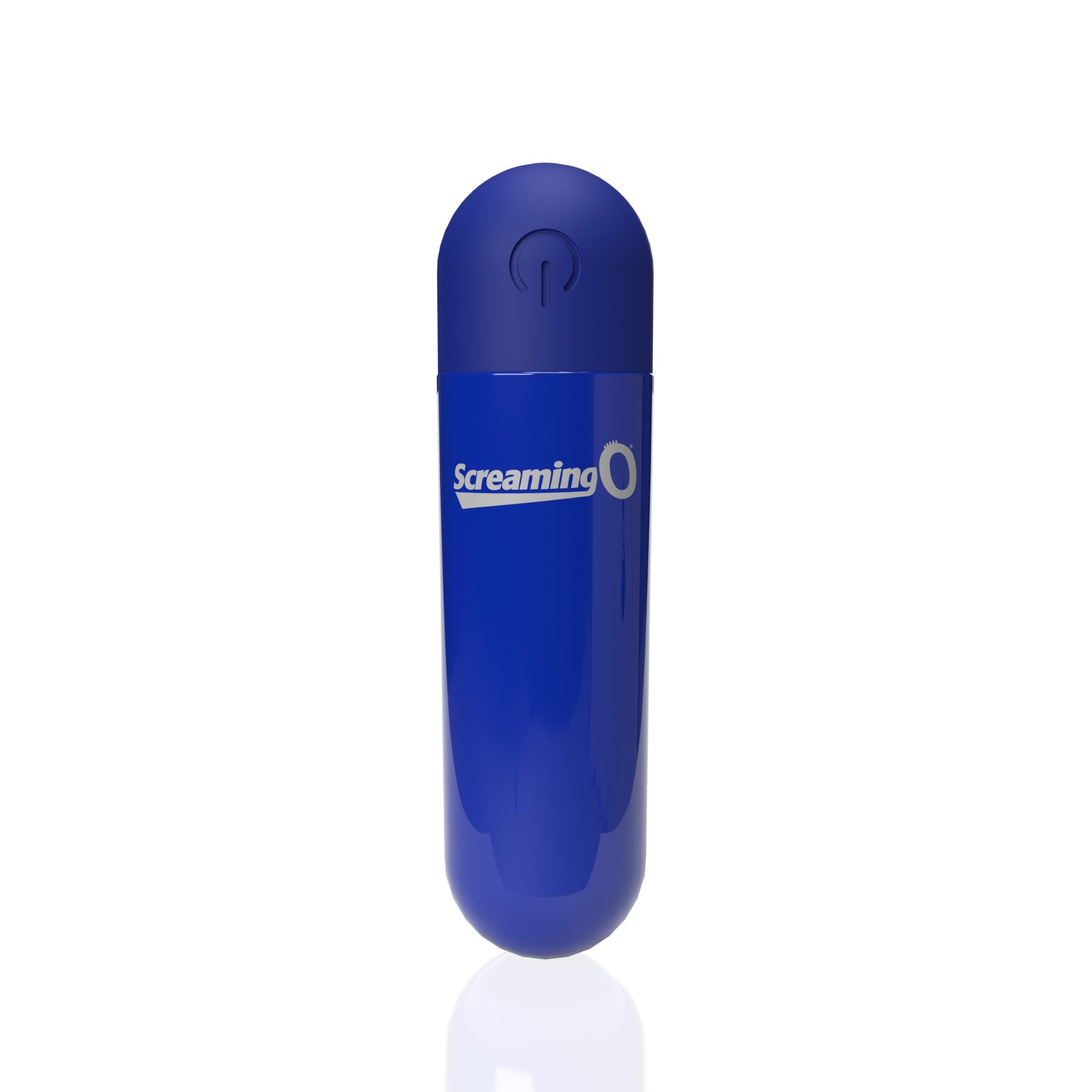 A blue rechargeable bullet vibrator with a power button and "Screaming O" logo.