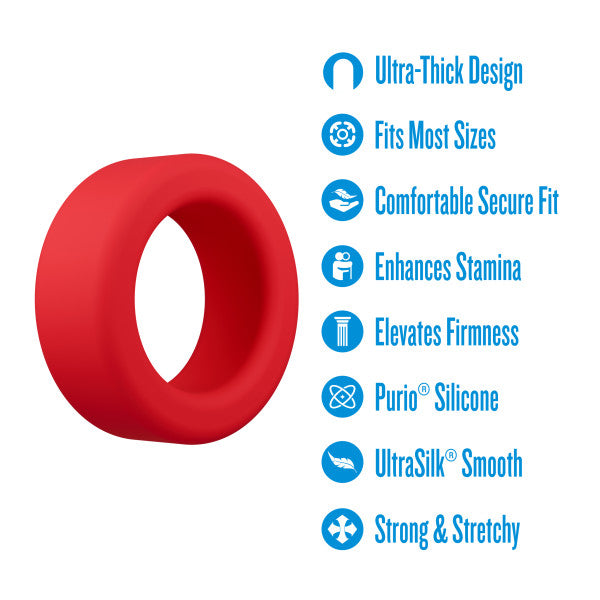 Red silicone cock ring with text listing features like "Ultra-Thick Design" and "Enhances Stamina".
