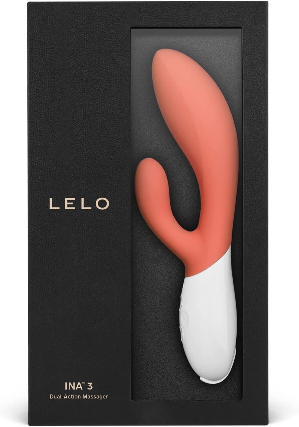 A coral and white Lelo Ina 3 dual-action massager in its black packaging.
