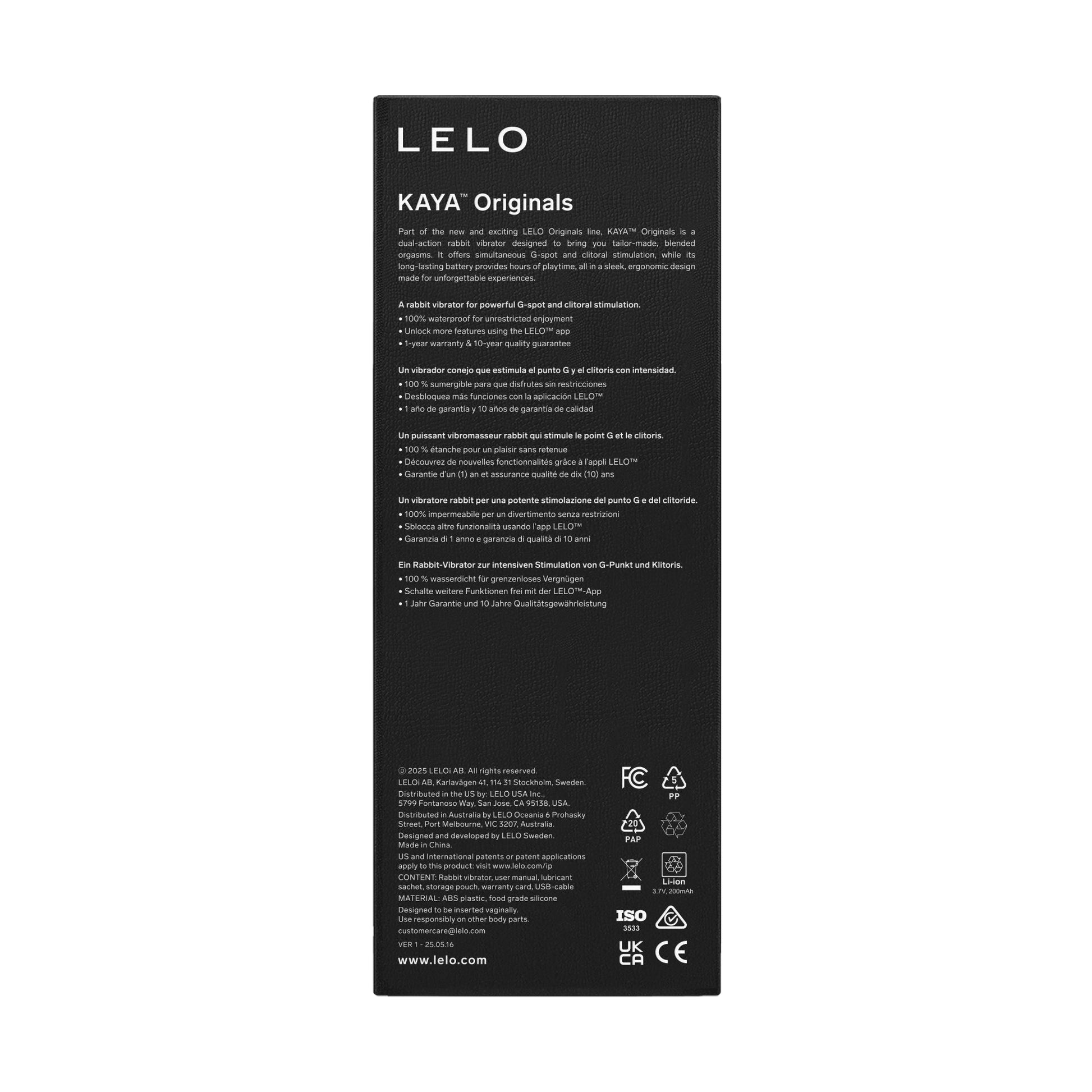 LELO Kaya Originals app-controlled rabbit vibrator with dual stimulation.