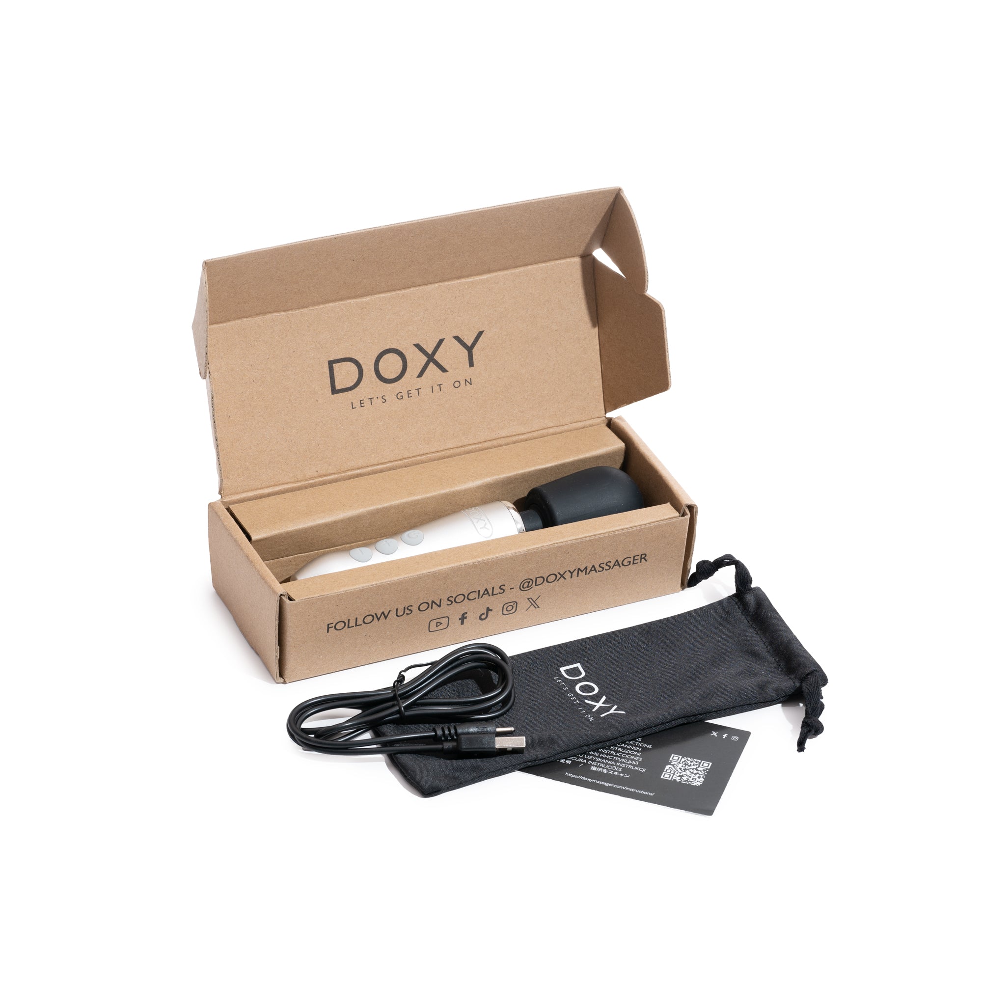 A Doxy Go wand massager with charging cable and storage bag.