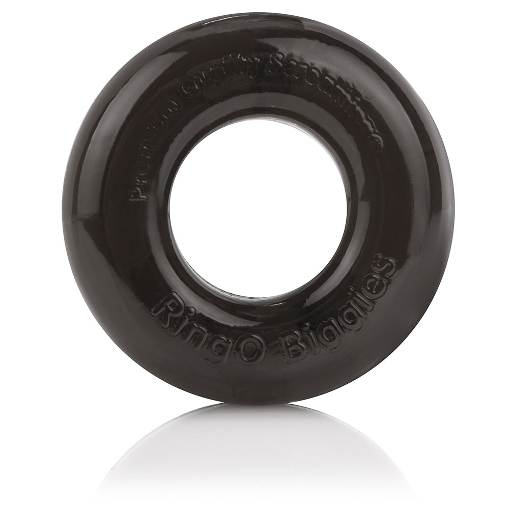 Thick black stretchy cock ring with "Screaming O Biggies" embossed.
