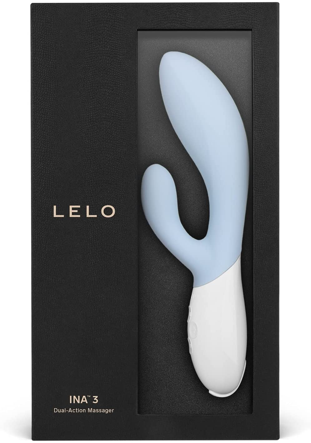 A light blue Lelo Ina 3 dual-action massager in its black packaging.