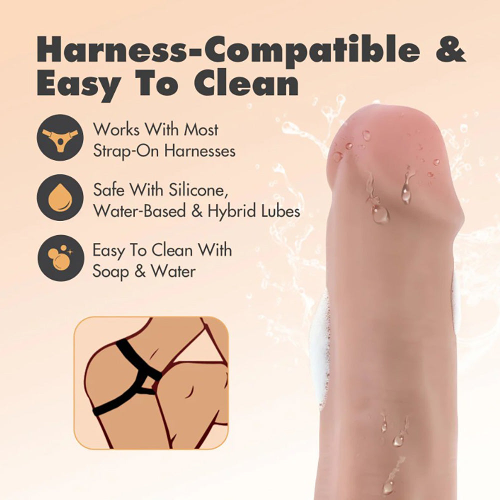 A realistic TPE dildo with a suction cup, compatible with harnesses and easy to clean.