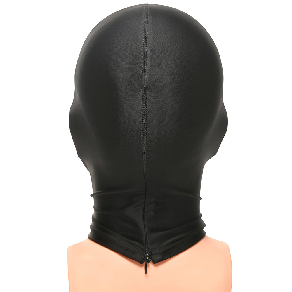 Black spandex fetish hood with a zipper closure on the back.