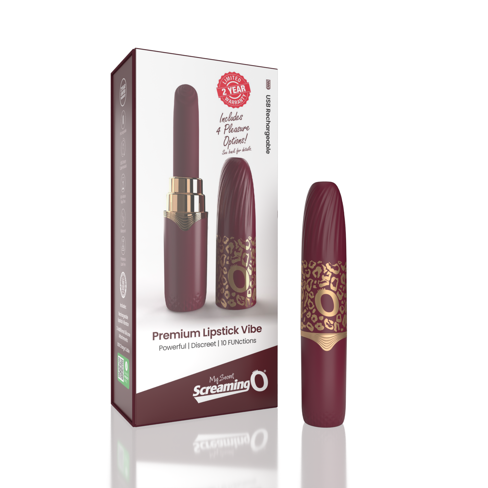 A merlot rechargeable lipstick vibrator with gold accents and leopard print.