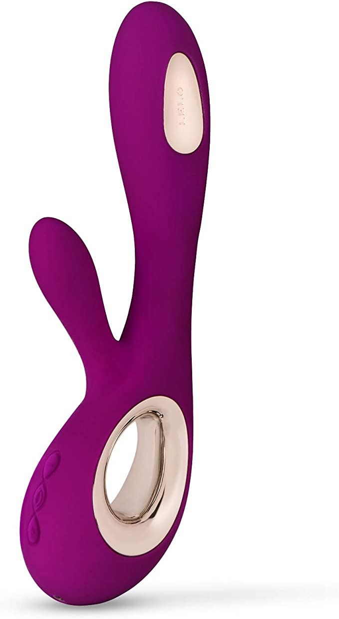 A deep rose colored rabbit vibrator with a curved handle and a gold accent ring.